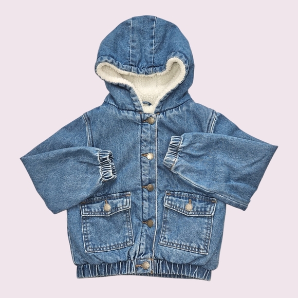 Cotton-On Kids Blue Jean Jacket Size 5-6 Sherpa with Hood - Picture 1 of 3
